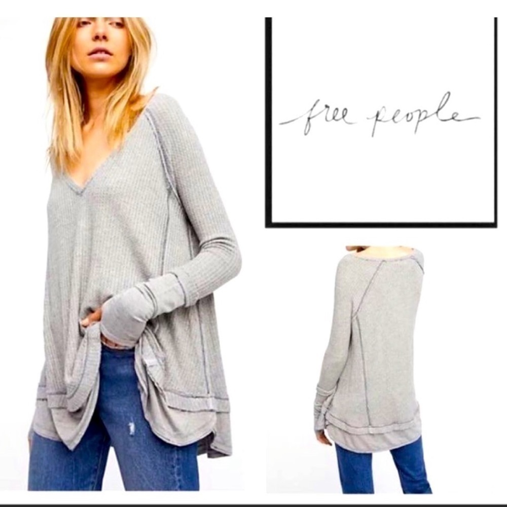 Free People Oversized Laguna Thermal Thumb Holes In Light Heather Gray Size Xs